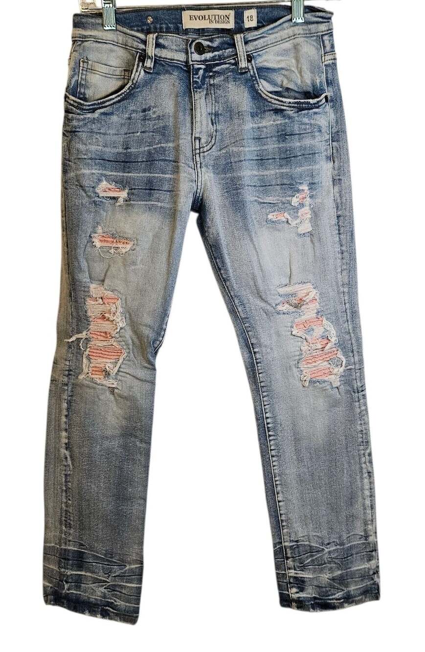 Evolution in Design Distressed Light Wash Jeans with Pink Underlay Size 18